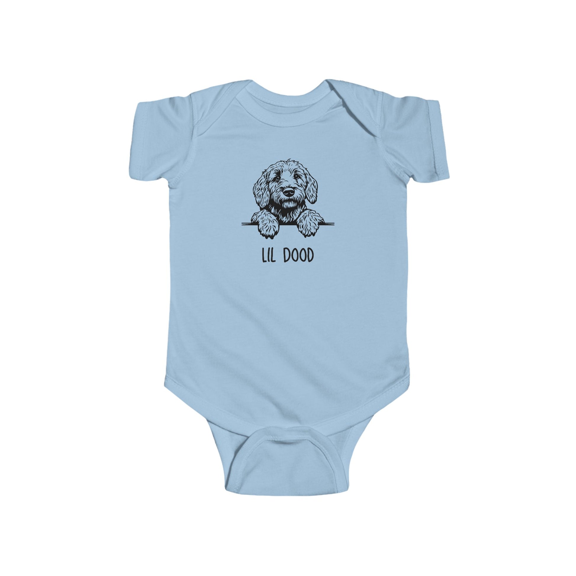 Light blue baby onesie with a dog illustration and 'Lil Dood' text on a white background