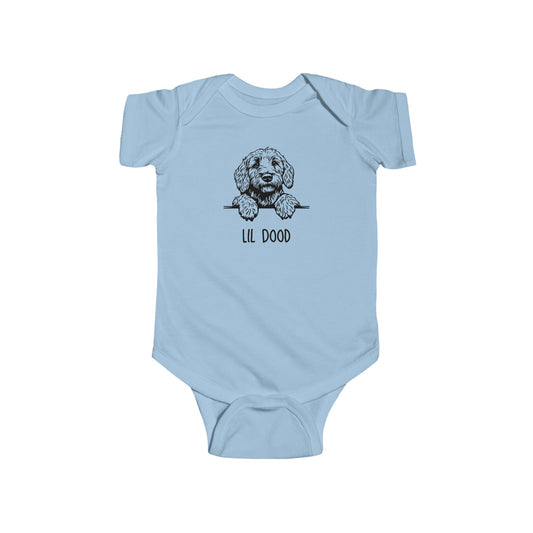 Light blue baby onesie with a dog illustration and 'Lil Dood' text on a white background